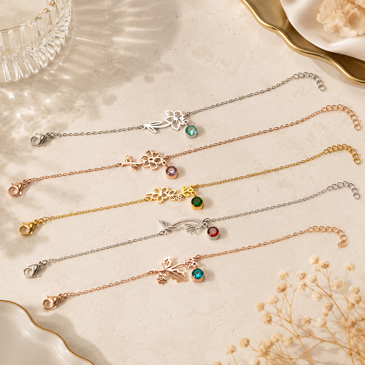 Personalized Birth Flower & Birthstone Bracelet